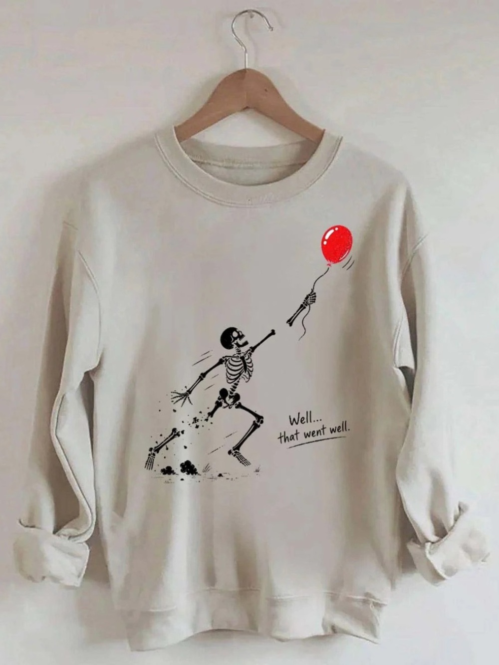 Gildan Sand Funny Skeleton Balloon Sweatshirt, Spooky Gift, Dark Humor Graphic